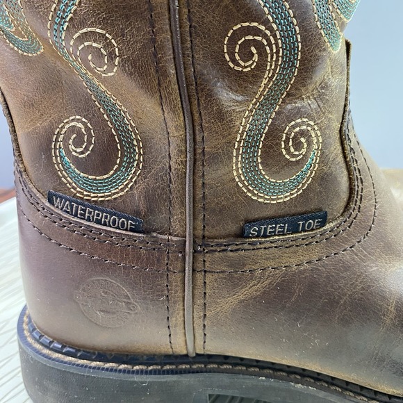 Justin Chocolate Chip Womens Leather Steel Toe Brown&Blue Cowgirl Boots Sz.6.5 B - Picture 6 of 14